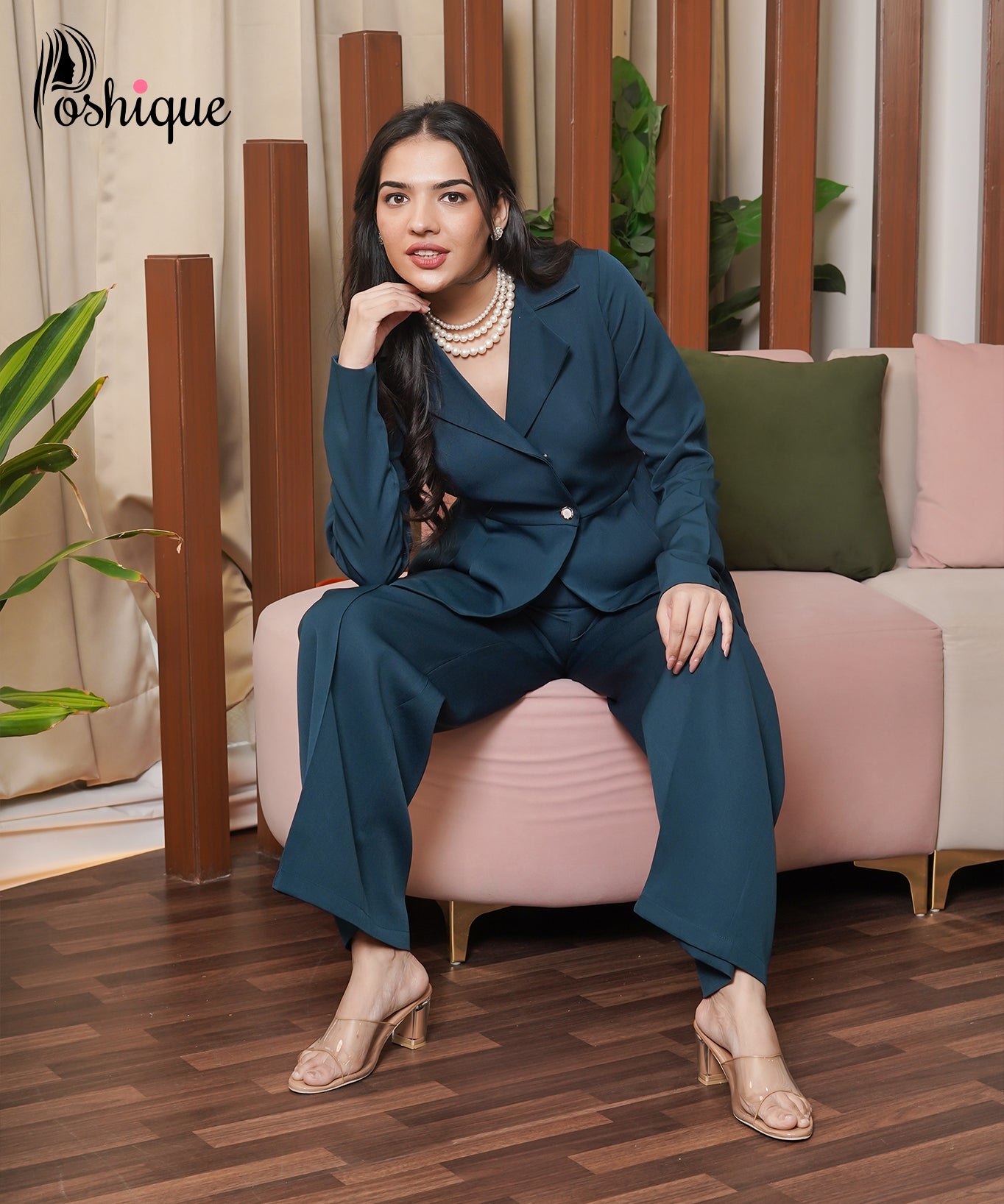 Teal Asymmetric Blazer & Wide-Leg Pant Set